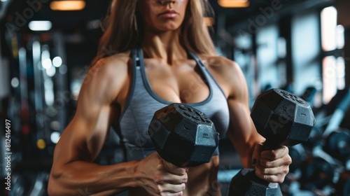 Muscular woman with dumbbells