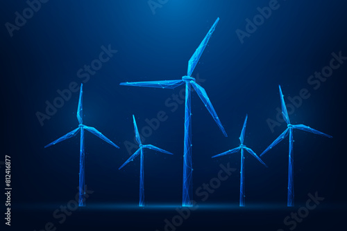 windmill clean energy low poly wireframe on blue background. sustainable and renewable energy. vector illustration fantastic design