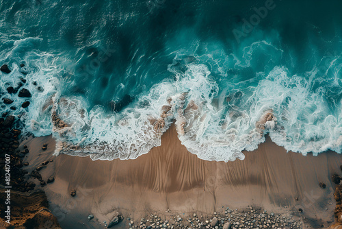 Aerial views over crashing sea waves on rocking ocean crop © Areesha