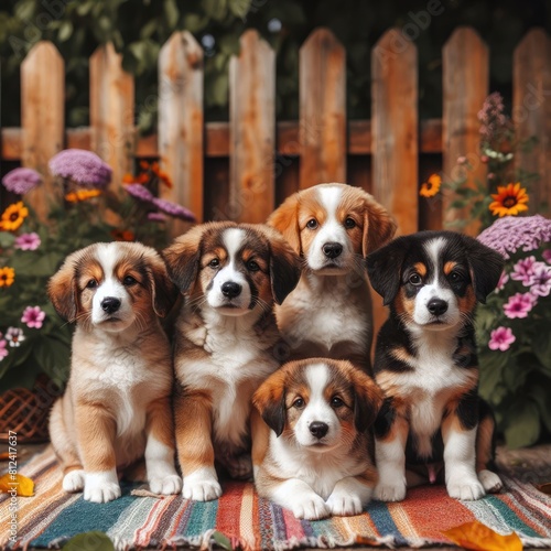 Many puppies sitting on a rug in front of flowers art photo harmony lively illustrator