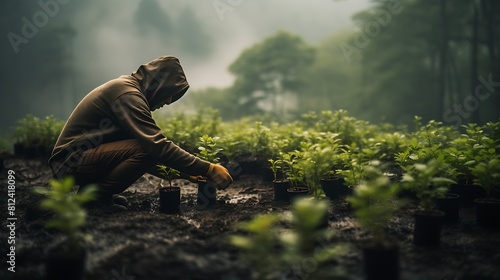 A person participating in a reforestation project to combat deforestation for Earth Day. photo