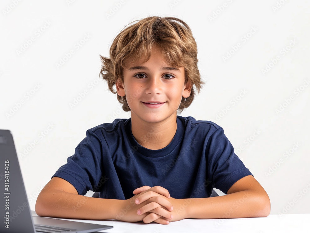 A portrait of a confident young boy with curly hair smiling at the camera, sitting at a desk with a laptop A portrait of a confident young boy with curly hair smiling at the camera, sitting at a desk with a laptop