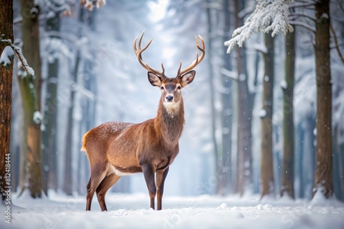 A brown deer  possibly a buck  with antlers grazes in a snowy forest