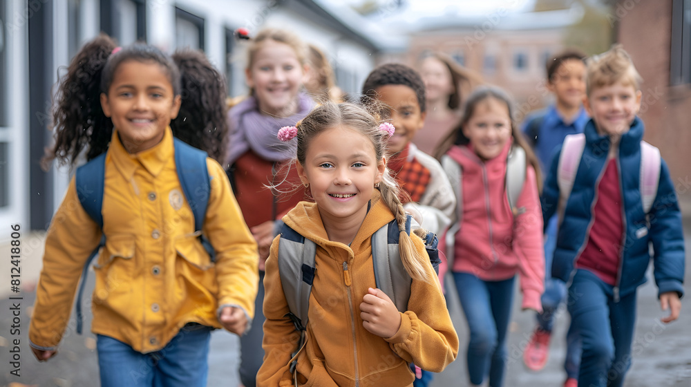 Fototapeta premium A broad group of cheerful, pleasant, and happy multiethnic children.