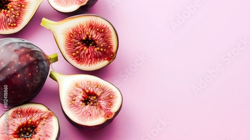 Fototapeta Naklejka Na Ścianę i Meble -  Top view of fig fruits on pastel background, banner style, copy space, isolated