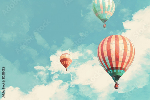 Colorful hot air balloons flying in the blue sky with white clouds, a picturesque and serene scene © SHOTPRIME STUDIO