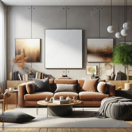 A living room with a template mockup poster empty white and with a couch and a coffee table standardscalex photos photo harmony.