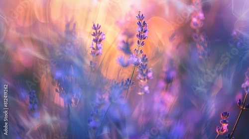 Blurred background highlights lavender flowers in evening sunlight