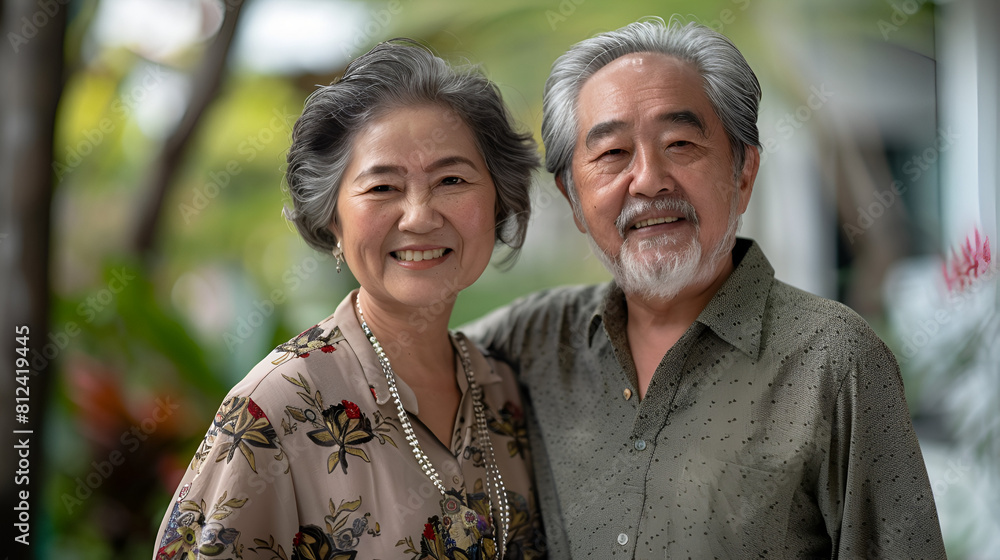 Mature Asian couple with a happy smile posing together