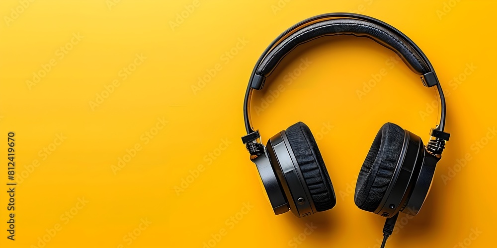 Fototapeta premium Podcast Discussing Diversity and Inclusion Initiatives in the Workplace with Headphones on Vibrant Yellow Background