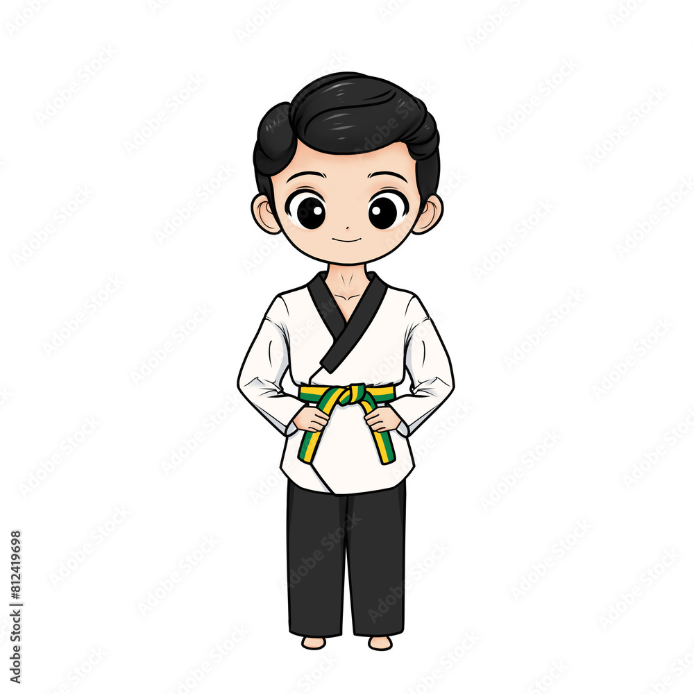 illustration of taekwondo poomsae boy with yellow green or yellow stripe belt and transparent background