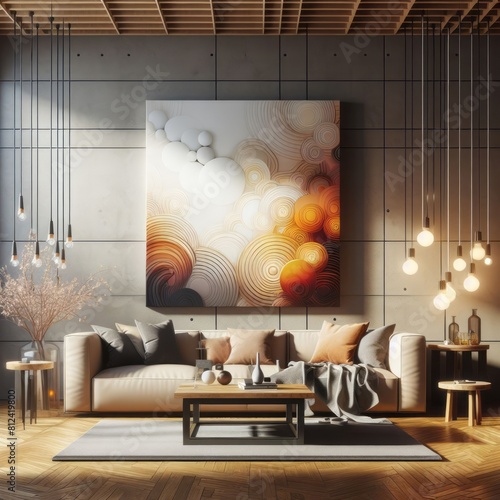 A living room with a template mockup poster color and with a large painting on the wall image art realistic attractive. photo