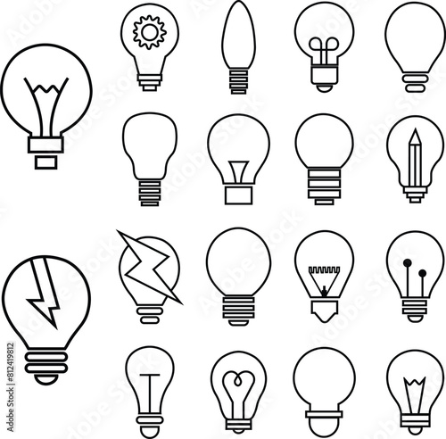 Black Light Bulb icons Set. Idea signs  solution  thinking concept. Trendy Line styles for graphic designs with editable stock. Lighting Electric lamps. Electricity  shines on transparent background.