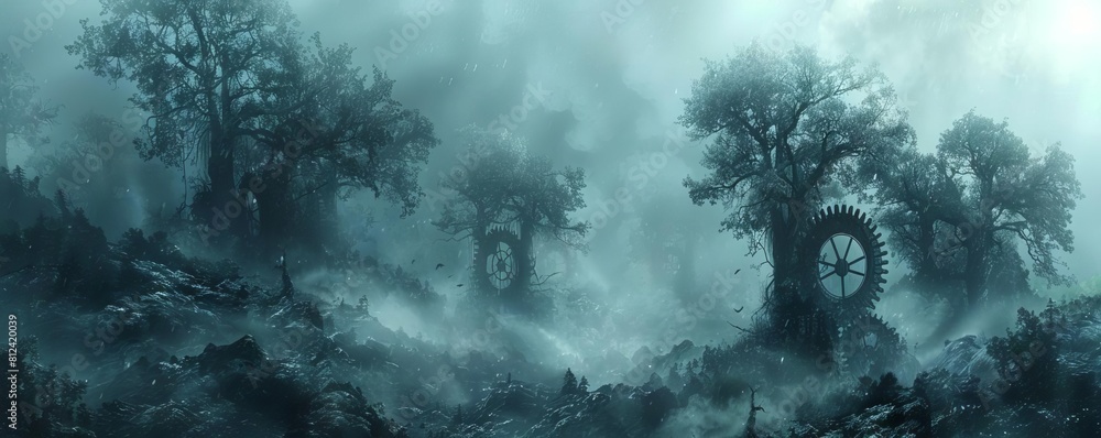A gothic illustration of an enchanted forest where trees whisper thoughts and gears turn silently in the mist