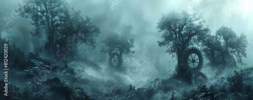 A gothic illustration of an enchanted forest where trees whisper thoughts and gears turn silently in the mist photo