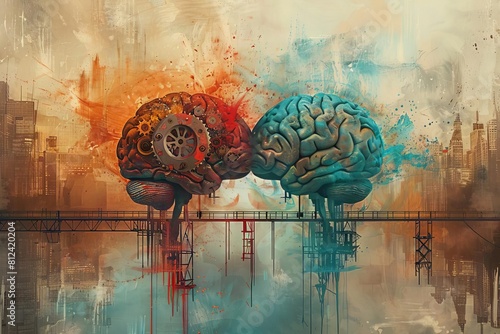 A graphic depiction of a brain with its hemispheres separated, connected by a bridge of spinning gears
