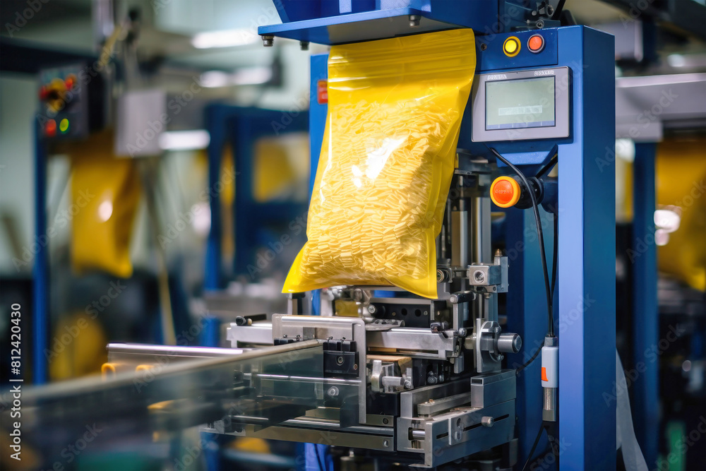A bag of yellow plastic rests atop a bustling pasta production machine in a factory setting A bag of yellow plastic rests atop a bustling pasta production machine in a factory setting