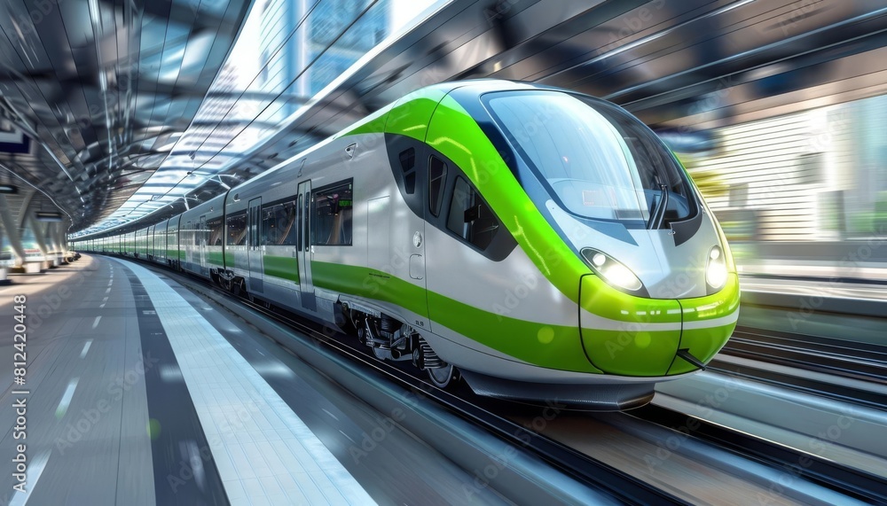 Fototapeta premium A green and white highspeed train, symbolizing fast and ecofriendly public transportation