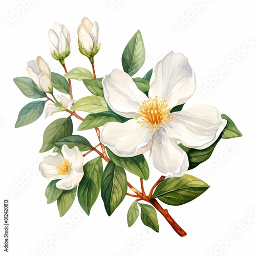 Cartoon watercolor illustration of a single jasmine flower, dicut PNG style, isolated on white background