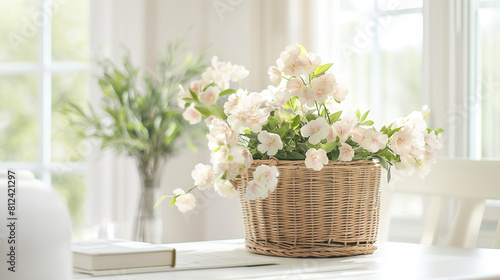 Bright Interior with Soft Pink Blossoms in Woven Basket