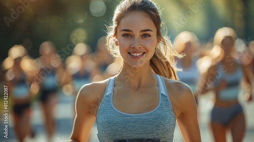 Beautiful young woman, Olympian, with light eyes and blonde hair, tied up, competing in a race. Olympic marathon race, in France, generative AI