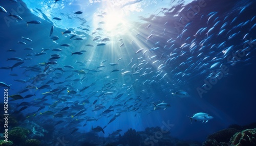 Fototapeta Naklejka Na Ścianę i Meble -  Groups of giant Tuna fish in the underwater, coral reef, amazing underwater life, various fish and exotic coral reefs, ocean wild creatures background