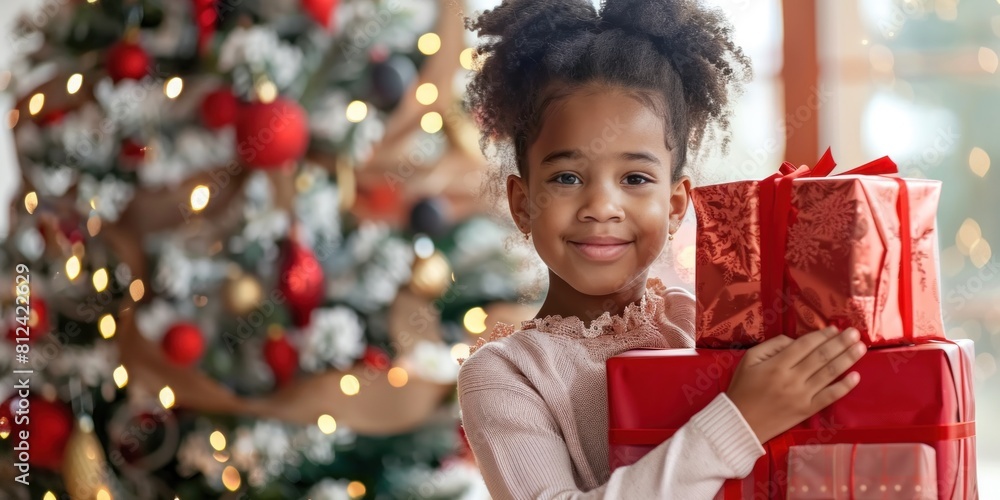Kid holding her christmas gift boxes standing beside a decorated christmas tree. Happy afro american girl carrying a pile of gift boxes Kid holding her christmas gift boxes standing beside a decorated christmas tree. Happy afro american girl carrying a pile of gift boxes