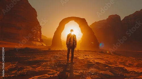 Man standing next to a rock in the middle of the desert
