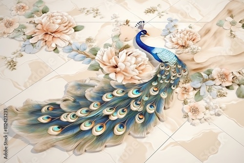 a peacock with a blue body is on the tile.