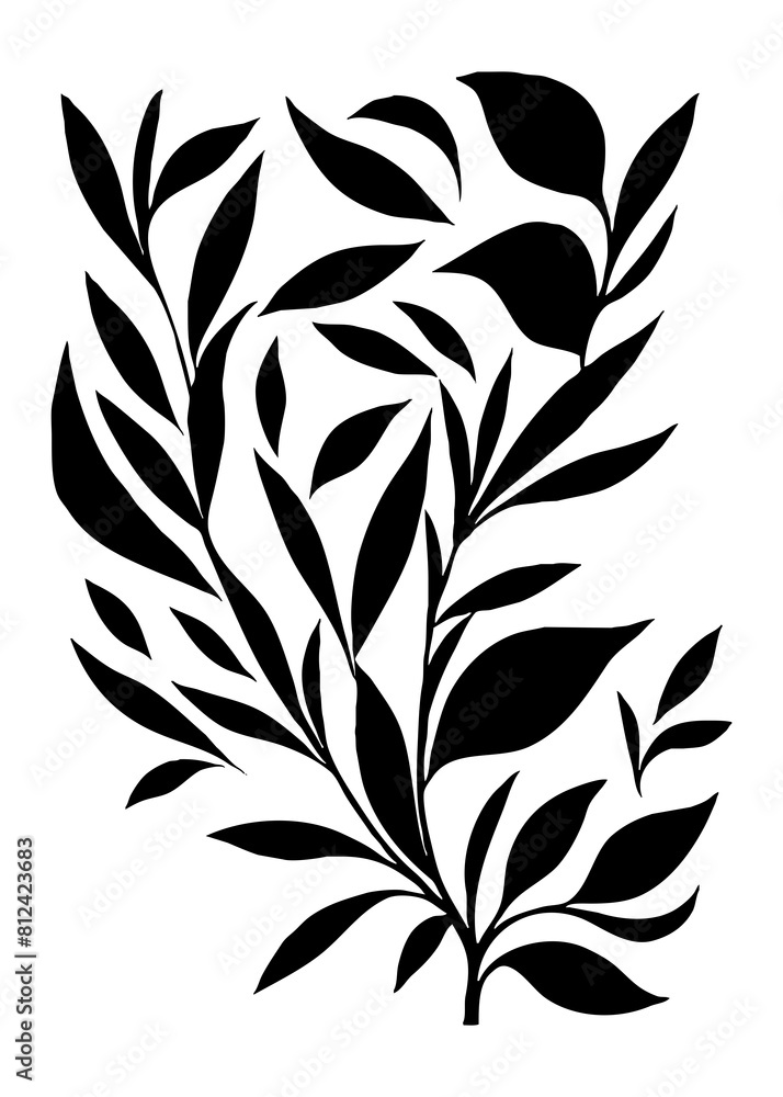 Botanical black and white pattern. Abstract plant shapes. Minimalist illustration for printing on wall decorations, for use in graphics, for tattoos. Generated by Ai Botanical black and white pattern. Abstract plant shapes. Minimalist illustration for printing on wall decorations, for use in graphics, for tattoos. Generated by Ai