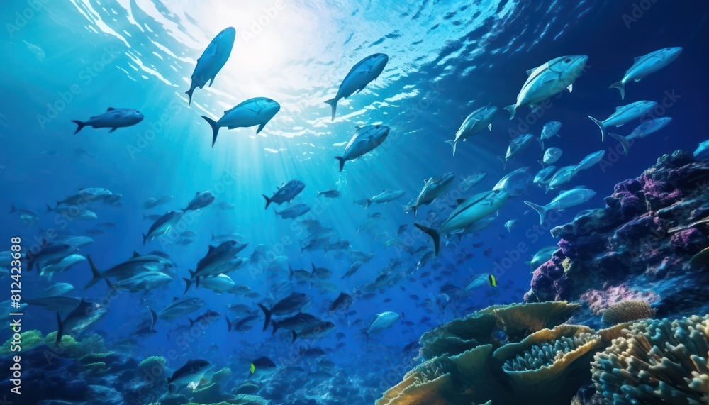 Fototapeta premium Groups of giant Tuna fish in the underwater, coral reef, amazing underwater life, various fish and exotic coral reefs, ocean wild creatures background