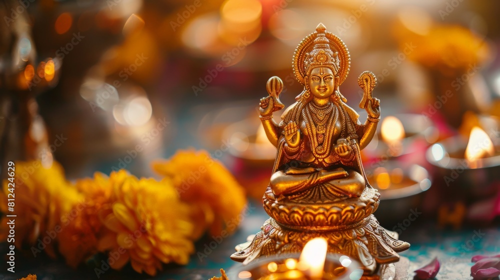 A golden figurine of Lakshmi placed on an altar during a festive Hindu ritual, emphasizing her role in spiritual practices A golden figurine of Lakshmi placed on an altar during a festive Hindu ritual, emphasizing her role in spiritual practices