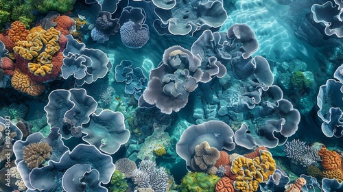 A vibrant coral reef from above, where the natural forms and colors abstractly recall cow skin patterns. Generative AI. photo