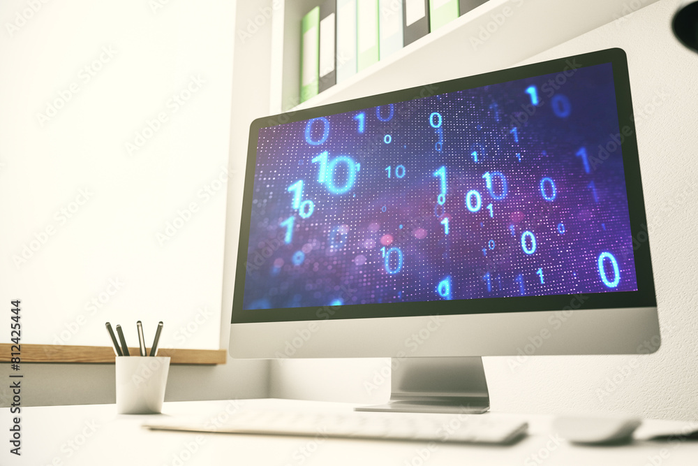 Creative abstract binary code sketch on modern laptop monitor, hacking and matrix concept. 3D Rendering Creative abstract binary code sketch on modern laptop monitor, hacking and matrix concept. 3D Rendering