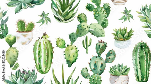 Watercolor cacti and succulents, ideal for a trendy, botanical pattern
