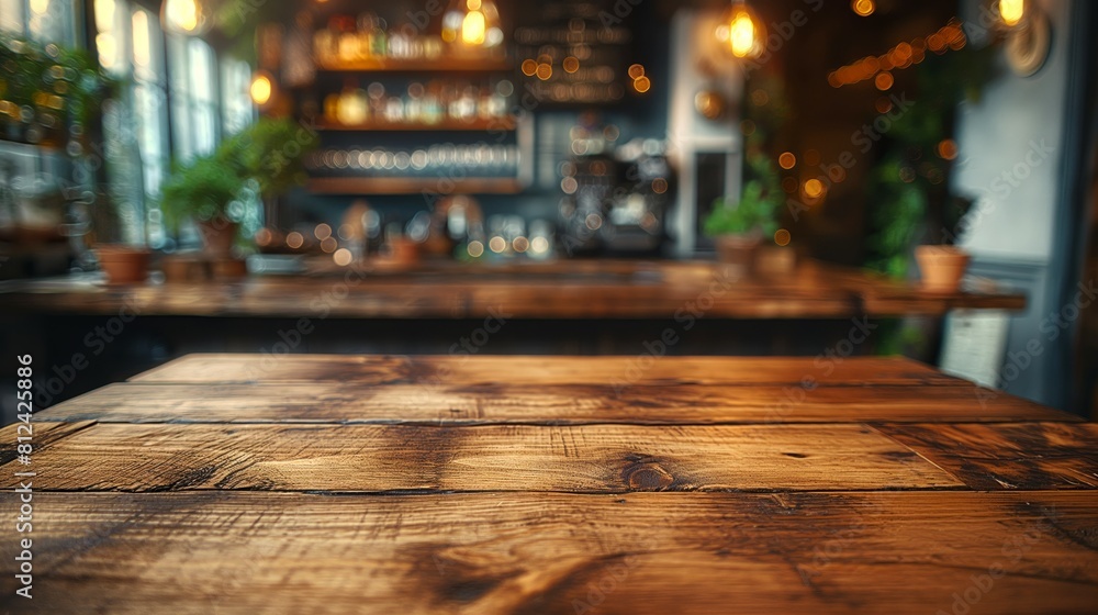 A dark wooden table in a restaurant with warm lighting blurred background. The table is empty and ready to be used. Copy space.
