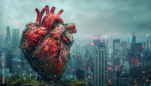 A metaphorical image of a human heart connected to urban sprawl, symbolizing the lifeblood of growing cities photo