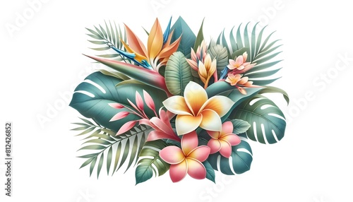 Gorgeous, solitary tropical floral arrangement against a white backdrop, ideal for summertime décor