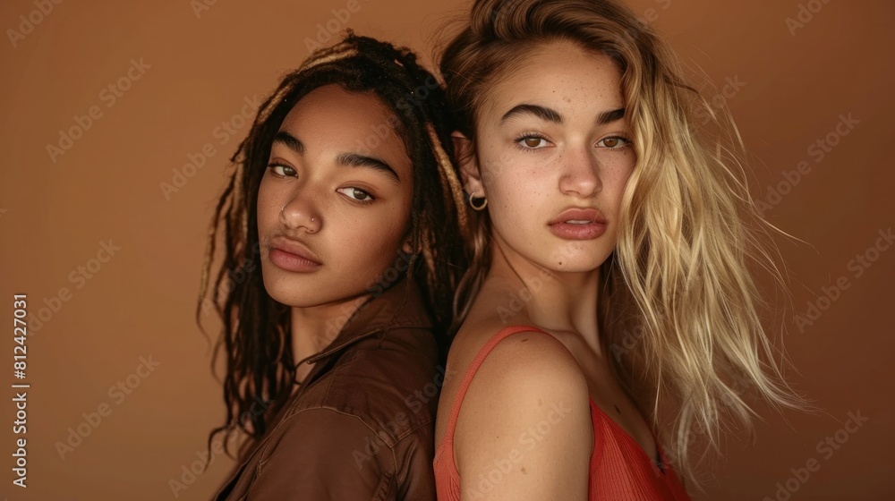 Obraz premium young women with diverse ethnicity standing back to back and looking at camera on brown background.