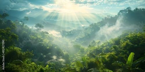Lush and Vibrant Jungle Landscape with Sunlight Rays Piercing through Misty Foliage
