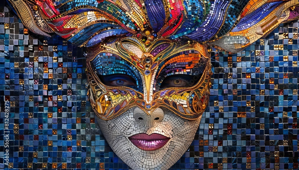 Represent Mask Represent a Venetian mask with an array of multicolored stones creating ...