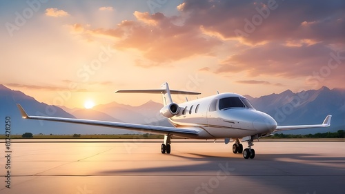 A private business plane is parked at the airport at the foot of the mountains in the rays of a summer sunset. photo