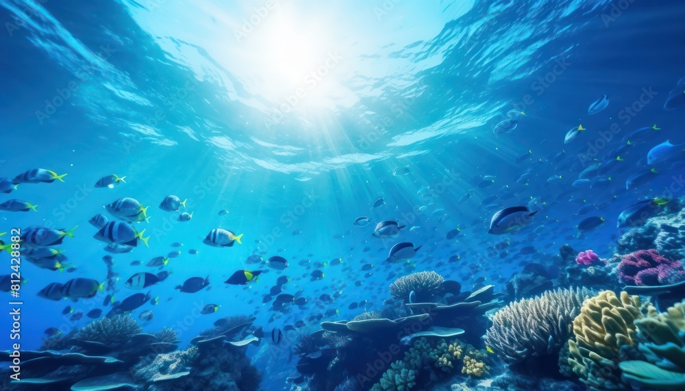 Fototapeta premium Groups of giant Tuna fish in the underwater, coral reef, amazing underwater life, various fish and exotic coral reefs, ocean wild creatures background