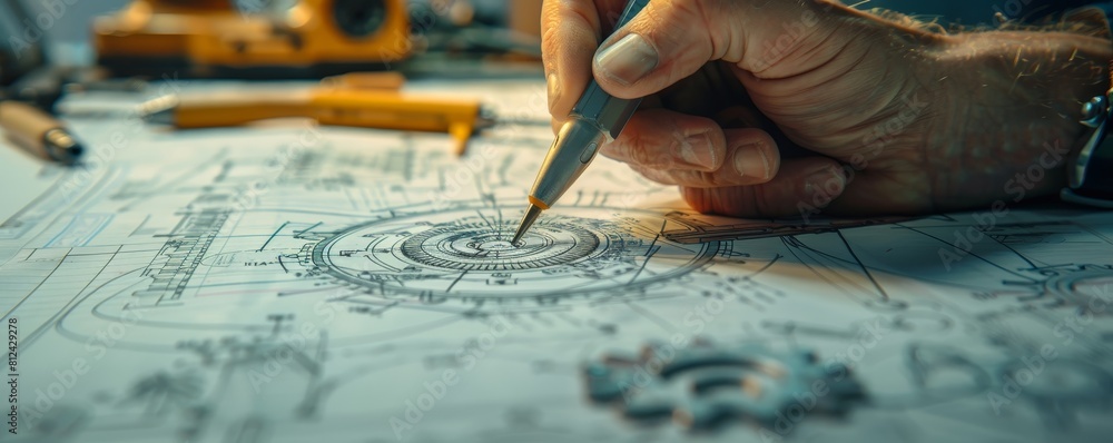Closeup of a mechanical engineers hand using a precision drafting tool to design a complex gear system, engineering blueprints spread out behind Closeup of a mechanical engineers hand using a precision drafting tool to design a complex gear system, engineering blueprints spread out behind