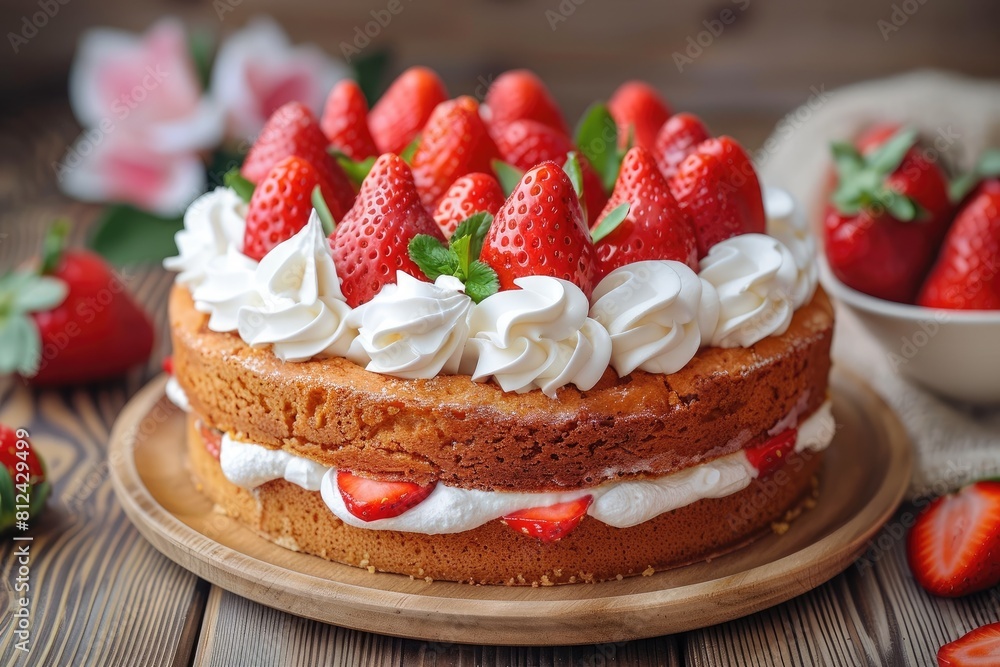 A strawberry cake with whipped cream and strawberries on top. The cake is on a wooden plate and is surrounded by strawberries A strawberry cake with whipped cream and strawberries on top. The cake is on a wooden plate and is surrounded by strawberries