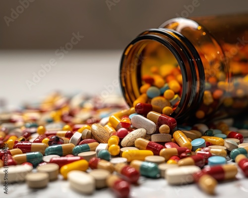 Detailed view of a bottle with mixed tablets and pills spilling out, isolated on a white background, emphasis on pharmaceutical care