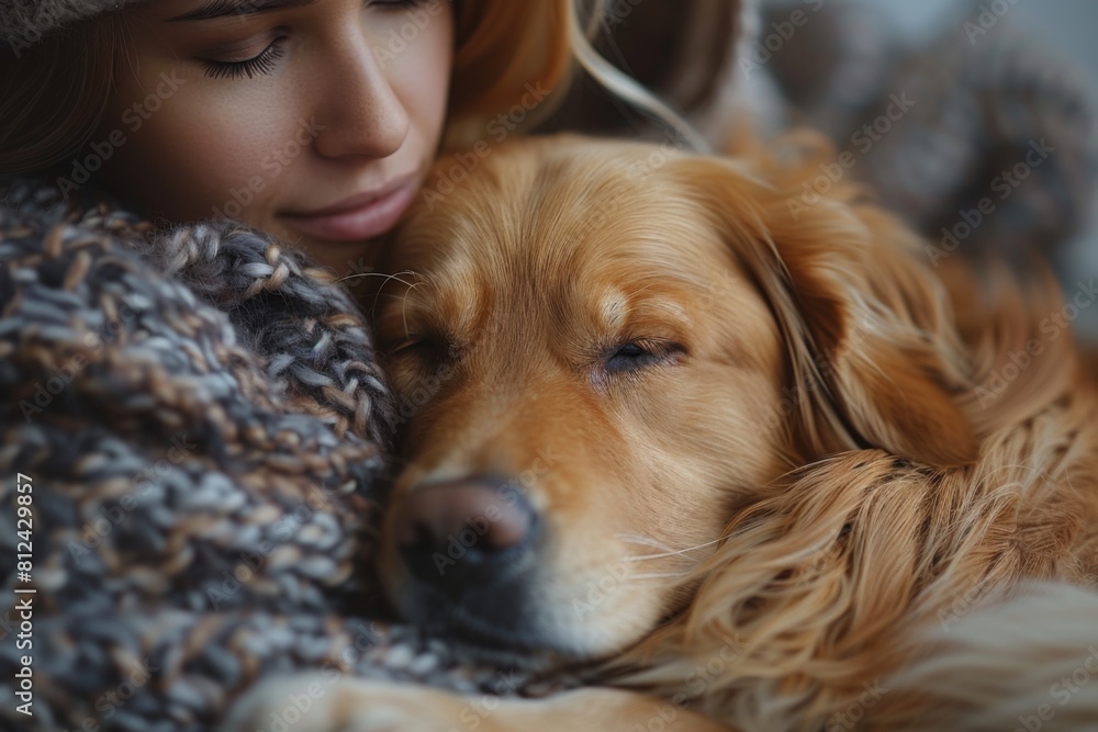 A serene scene of a woman resting her head on a sleeping golden retriever, both enjoying a tranquil moment together wrapped in a cozy, textured blanket. A serene scene of a woman resting her head on a sleeping golden retriever, both enjoying a tranquil moment together wrapped in a cozy, textured blanket.