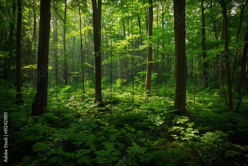 A forest filled with a variety of lush green trees  creating a dense canopy with sunlight filtering through