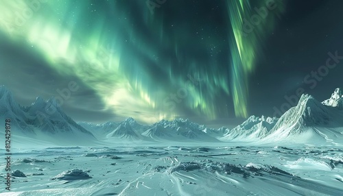 A panoramic view of a green aurora borealis over a white ice field, representing natural energy phenomena