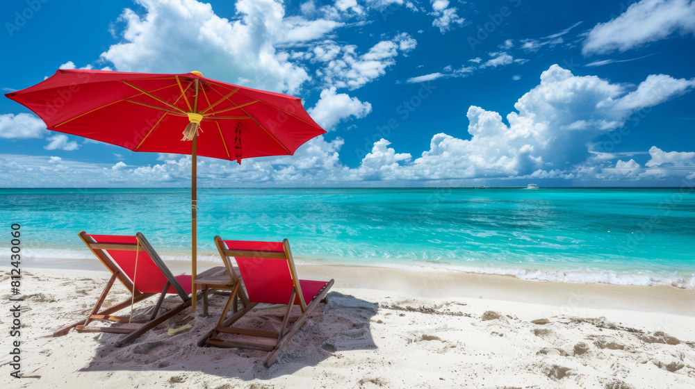 Two red beach chairs and an umbrella on the beach on sunny day. Vacation and tourism concept. Two red beach chairs and an umbrella on the beach on sunny day. Vacation and tourism concept.